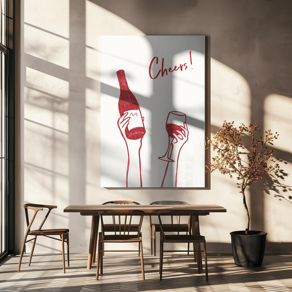 Art mural Illustration et texte "Cheers" avec du vin (noir et blanc)