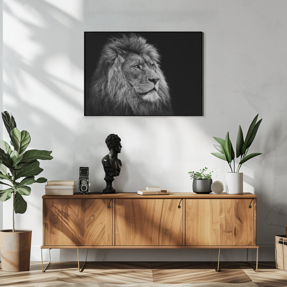 Black and White Lion in Side Profile Canvas Wall Art