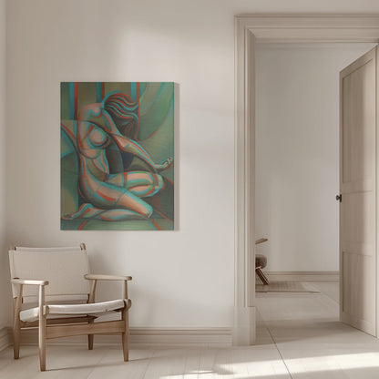 Anaglyphical Roundism Canvas Wall Art | 3D Anaglyph Effect Cubist Nude in Teal & Red | 3 Sizes & Available Finishes