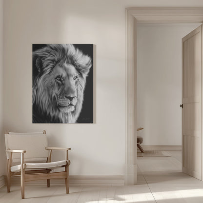 Monochrome Lion with Flowing Mane Canvas Wall Art | Leo II