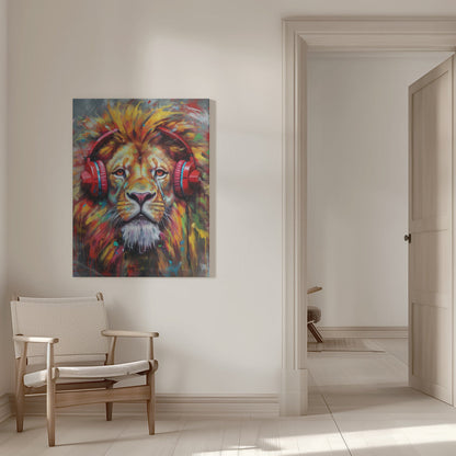 Colourful Lion Wearing Red Headphones Canvas Wall Art | Lion With Headphones animal