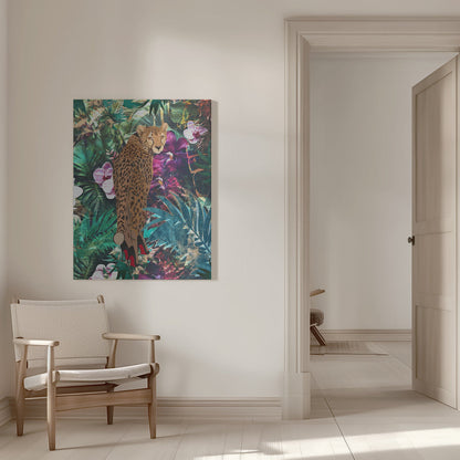 Cheetah in Red Heels Tropical Collage Canvas Wall Art | Tropical Floral Jungle - Cheetah in heels