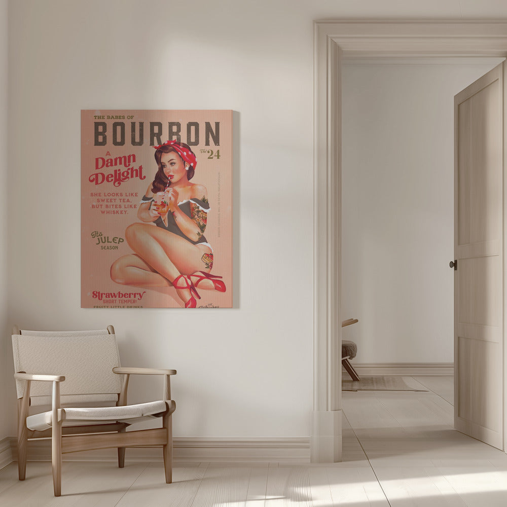 Vintage Cocktail Pinup in Red and Cream Canvas Wall Art | Babes of Bourbon Vol 22 Vintage Pinup Girl Drinking A Cocktail