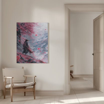 Samurai beneath Pink Blossom Trees Canvas Wall Art