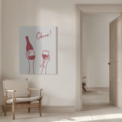 Art mural Illustration et texte "Cheers" avec du vin (noir et blanc)
