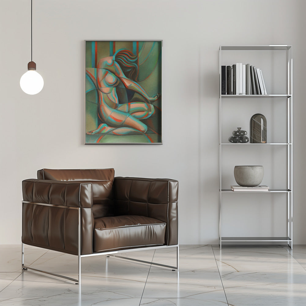 Anaglyphical Roundism Canvas Wall Art | 3D Anaglyph Effect Cubist Nude in Teal & Red | 3 Sizes & Available Finishes