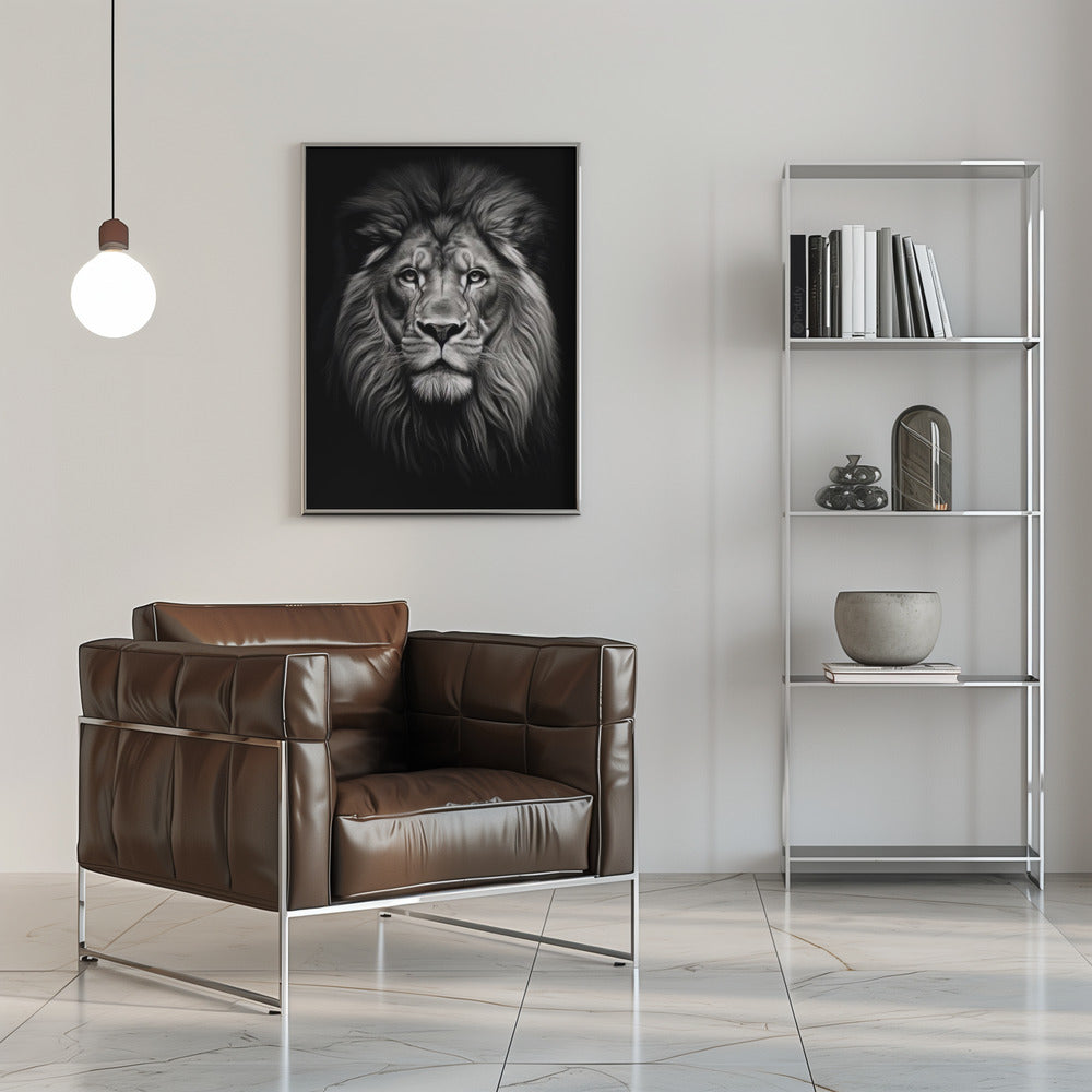 Front Facing Black and White Lion Portrait Canvas Wall Art | Wild 11