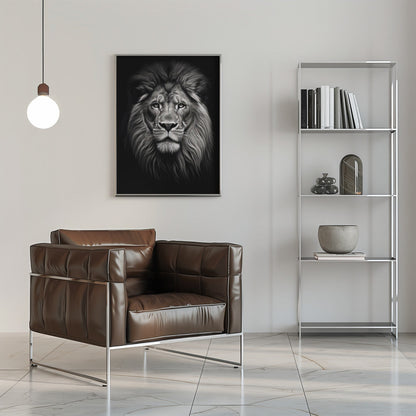 Front Facing Black and White Lion Portrait Canvas Wall Art | Wild 11