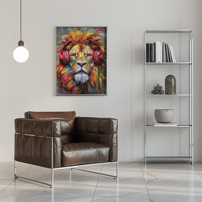 Colourful Lion Wearing Red Headphones Canvas Wall Art | Lion With Headphones animal