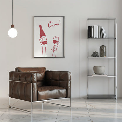 Art mural Illustration et texte "Cheers" avec du vin (noir et blanc)