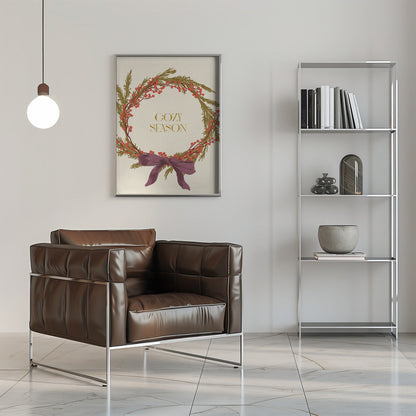 Wall art Cozy Season. Christmas wreath with bow Canvas Print