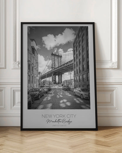 Black and White Manhattan Bridge Street View Canvas Wall Art | NEW YORK CITY Manhattan Bridge