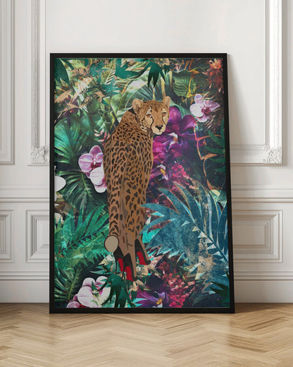 Cheetah in Red Heels Tropical Collage Canvas Wall Art | Tropical Floral Jungle - Cheetah in heels