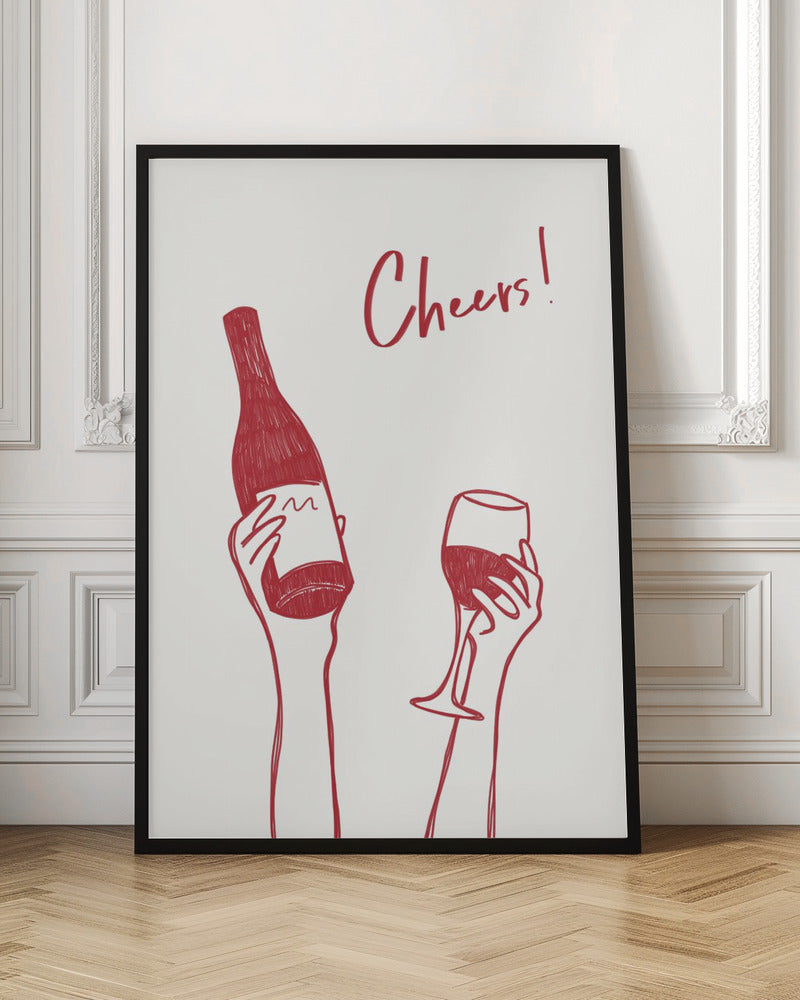 Art mural Illustration et texte "Cheers" avec du vin (noir et blanc)