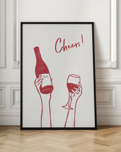 Art mural Illustration et texte "Cheers" avec du vin (noir et blanc)