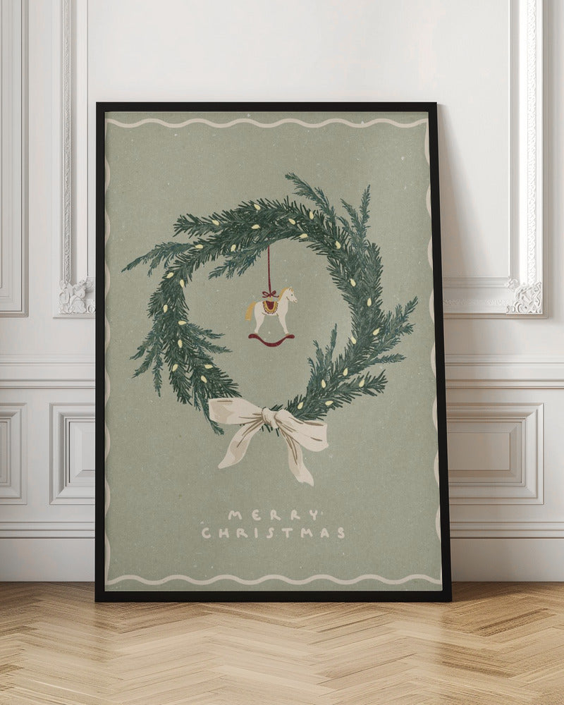 Wall art Horses Toy on Christmas wreath with bow Canvas Print