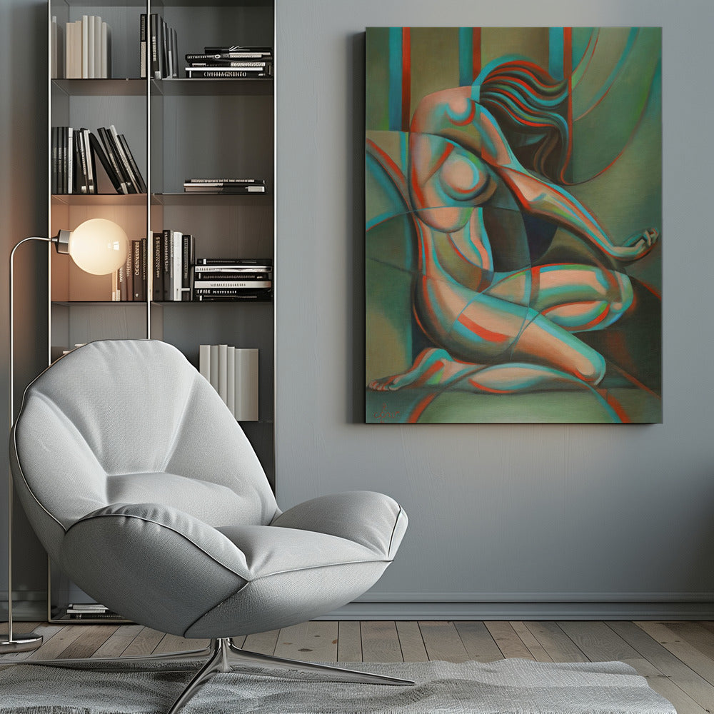 Anaglyphical Roundism Canvas Wall Art | 3D Anaglyph Effect Cubist Nude in Teal & Red | 3 Sizes & Available Finishes