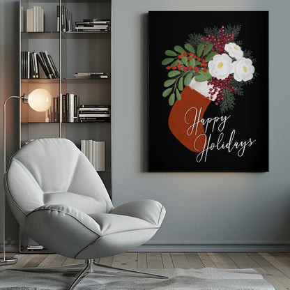 Wall art Floral Stocking Happy holidays in black Canvas Print