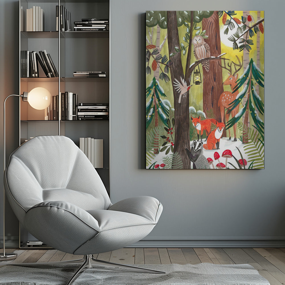 Wall art Green Christmas forest with animals Canvas Print
