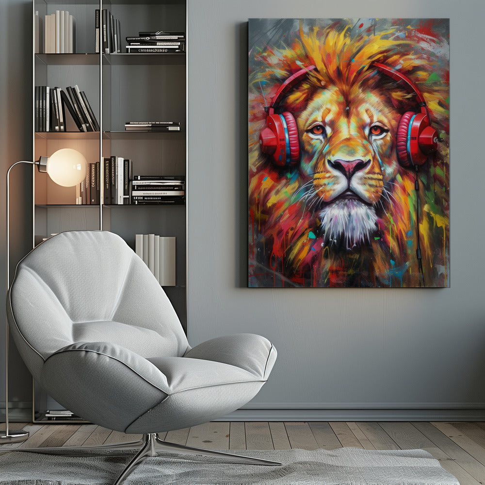 Colourful Lion Wearing Red Headphones Canvas Wall Art | Lion With Headphones animal