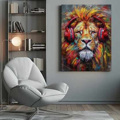 Colourful Lion Wearing Red Headphones Canvas Wall Art | Lion With Headphones animal