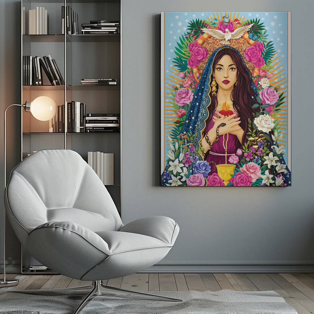 Floral Devotional Woman Portrait Canvas Wall Art | Mother Mary / Mary Magdalen