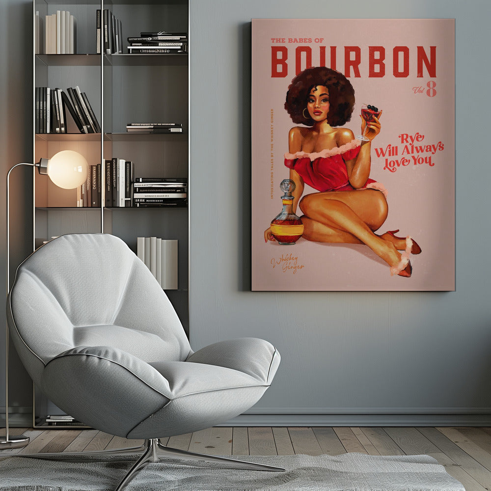 Bourbon Retro Pinup with Afro Hairstyle Canvas Wall Art | Babes of Bourbon Vol 8 Vintage Pinup Girl With Afro
