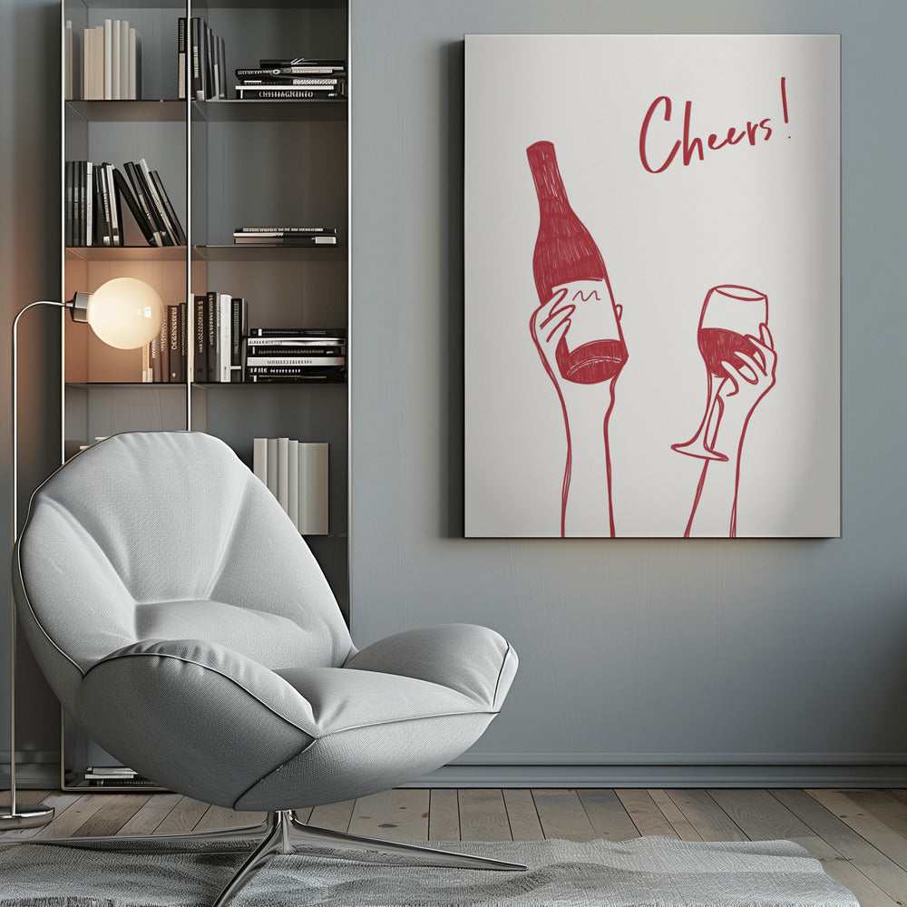 Art mural Illustration et texte "Cheers" avec du vin (noir et blanc)