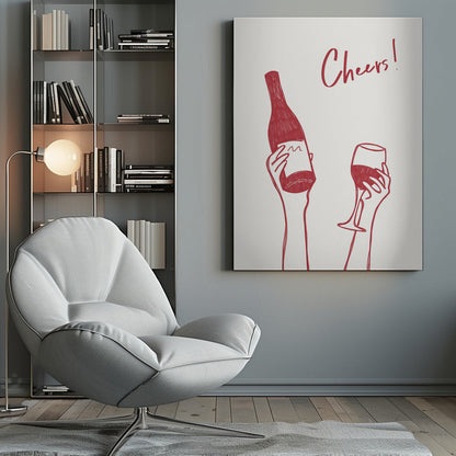 Art mural Illustration et texte "Cheers" avec du vin (noir et blanc)