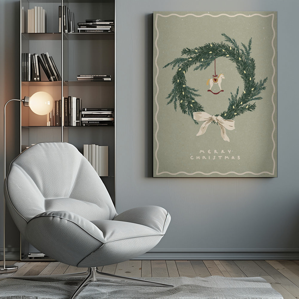 Wall art Horses Toy on Christmas wreath with bow Canvas Print