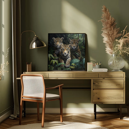 Three Jaguars amid Dense Jungle Leaves Canvas Wall Art