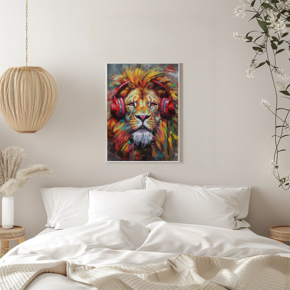 Colourful Lion Wearing Red Headphones Canvas Wall Art | Lion With Headphones animal