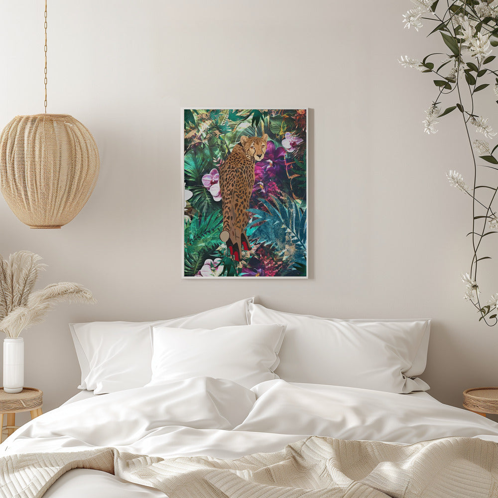 Cheetah in Red Heels Tropical Collage Canvas Wall Art | Tropical Floral Jungle - Cheetah in heels