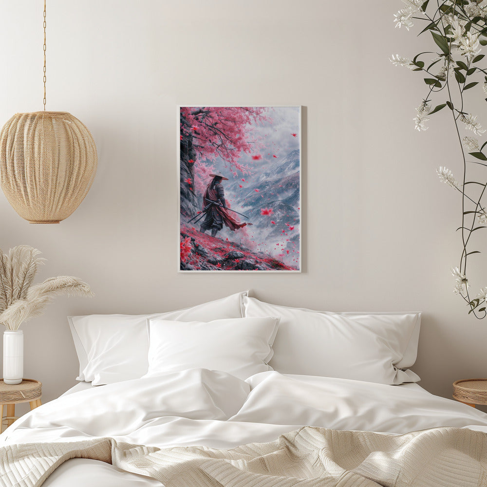 Samurai beneath Pink Blossom Trees Canvas Wall Art
