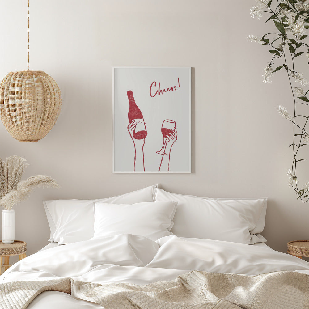 Art mural Illustration et texte "Cheers" avec du vin (noir et blanc)