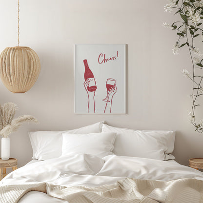 Art mural Illustration et texte "Cheers" avec du vin (noir et blanc)