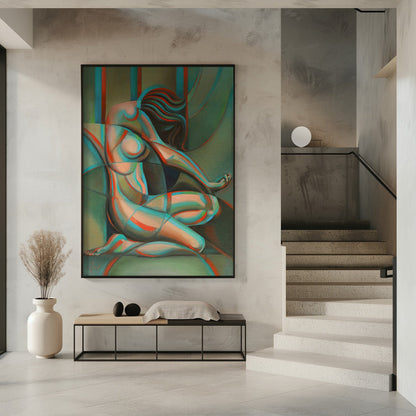 Anaglyphical Roundism Canvas Wall Art | 3D Anaglyph Effect Cubist Nude in Teal & Red | 3 Sizes & Available Finishes
