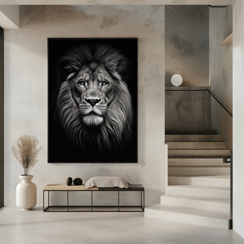 Front Facing Black and White Lion Portrait Canvas Wall Art | Wild 11