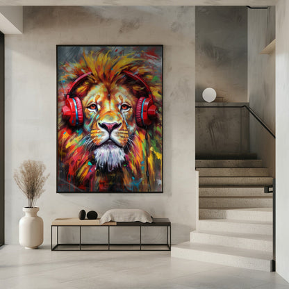 Colourful Lion Wearing Red Headphones Canvas Wall Art | Lion With Headphones animal