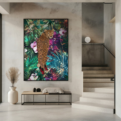 Cheetah in Red Heels Tropical Collage Canvas Wall Art | Tropical Floral Jungle - Cheetah in heels