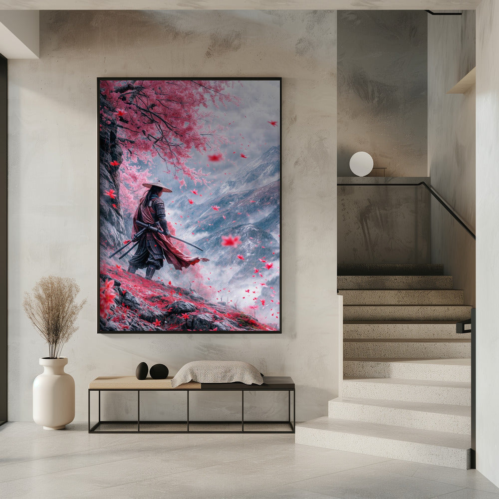 Samurai beneath Pink Blossom Trees Canvas Wall Art