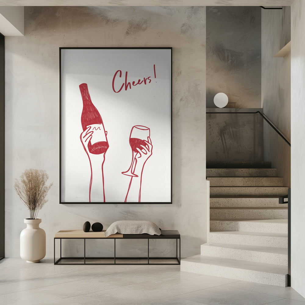 Art mural Illustration et texte "Cheers" avec du vin (noir et blanc)