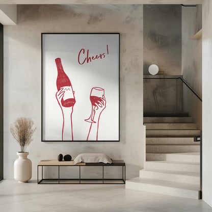 Art mural Illustration et texte "Cheers" avec du vin (noir et blanc)