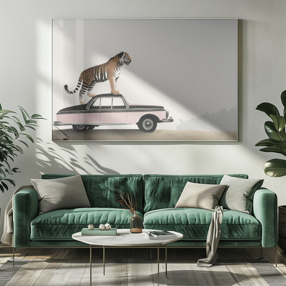 Tiger Standing on a Vintage Car Canvas Wall Art | Tiger on a car roof