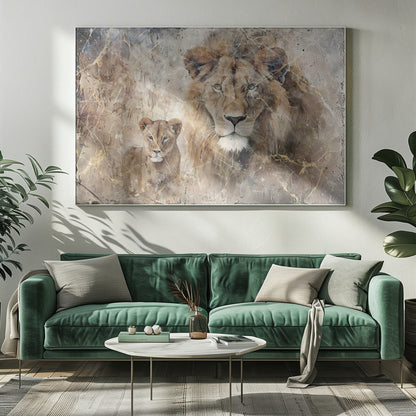 Lion and Cub in Soft Neutral Texture Canvas Wall Art | Lion Animal Vintage Art Illustration Wallart 08