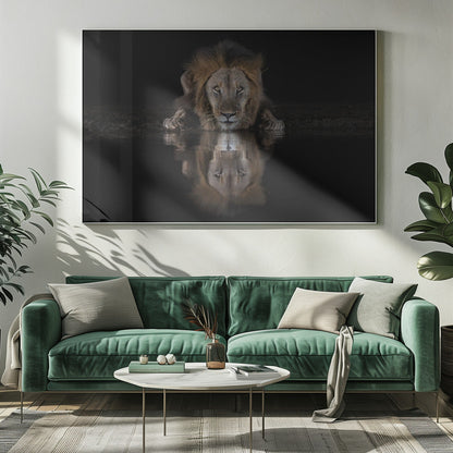 Lion Drinking with a Dark Water Reflection Canvas Wall Art | A Lion at The Night