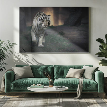 White Tiger Walking through a Dark Landscape Canvas Wall Art | White walker