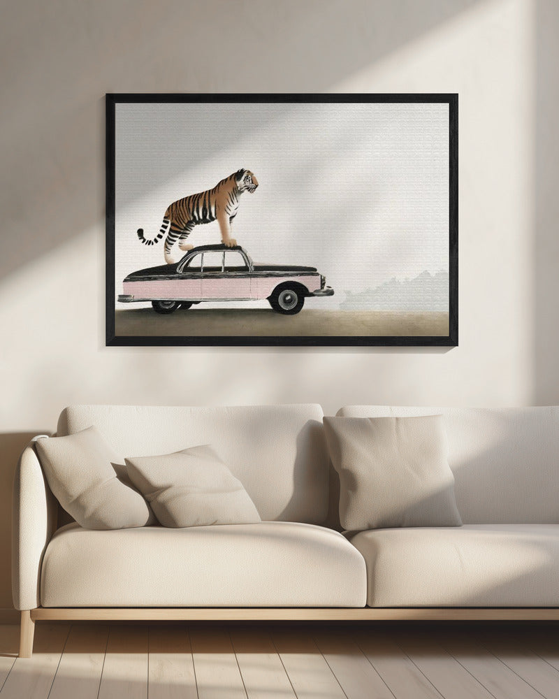 Tiger Standing on a Vintage Car Canvas Wall Art | Tiger on a car roof