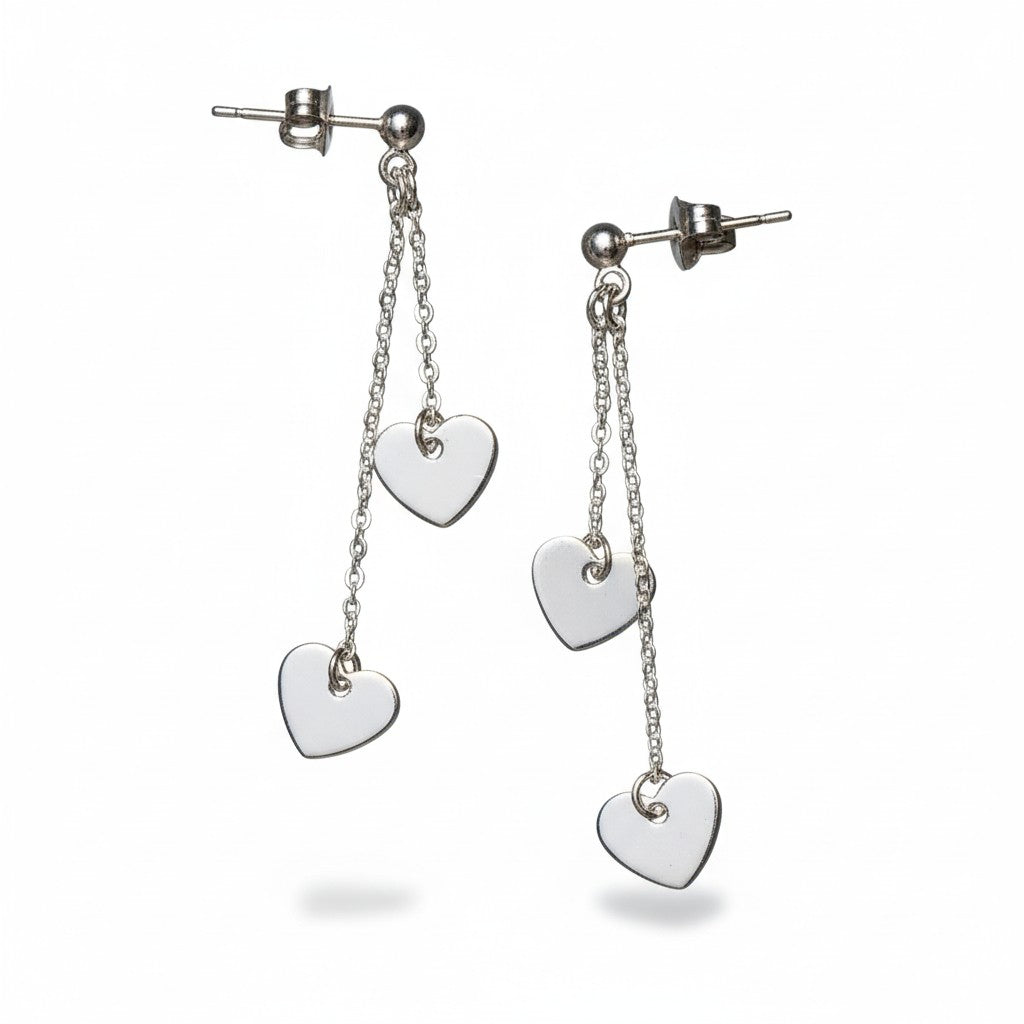 Double Drop Heart Chain Stud Earrings In Silver Plate - SP406H