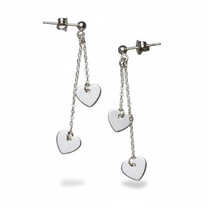 Double Drop Heart Chain Stud Earrings In Silver Plate - SP406H